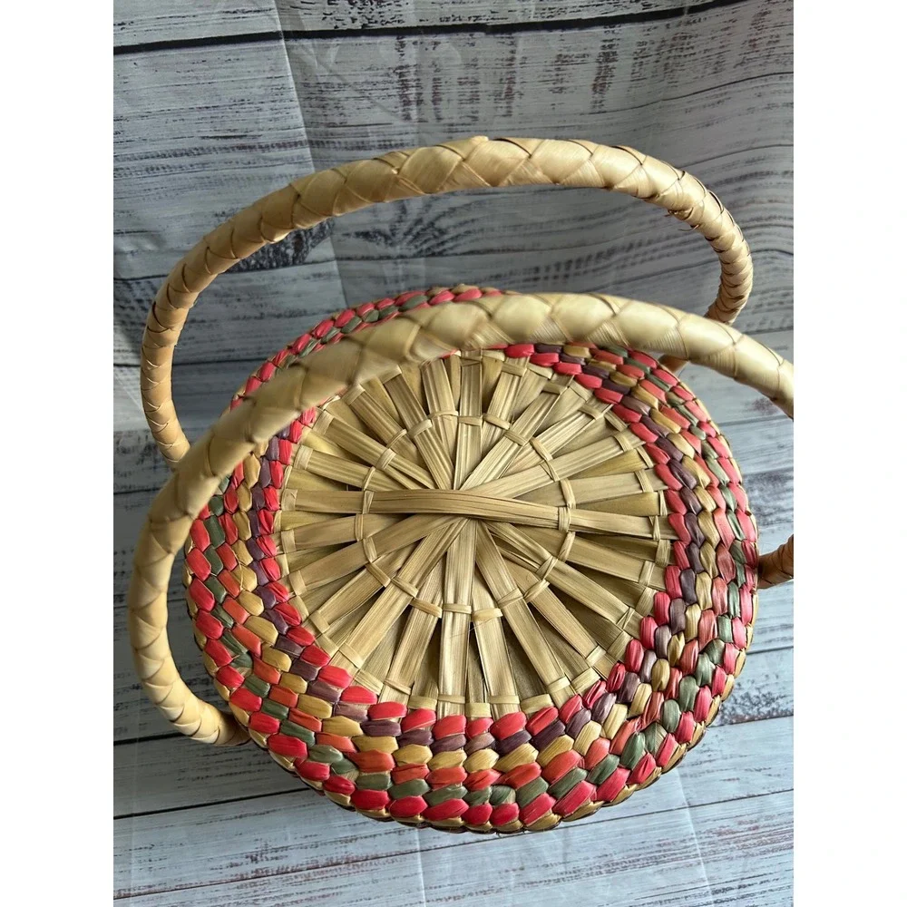 VTG Woven Snake Charmer Basket Boho Multicolor Striped Braided Handle Storage